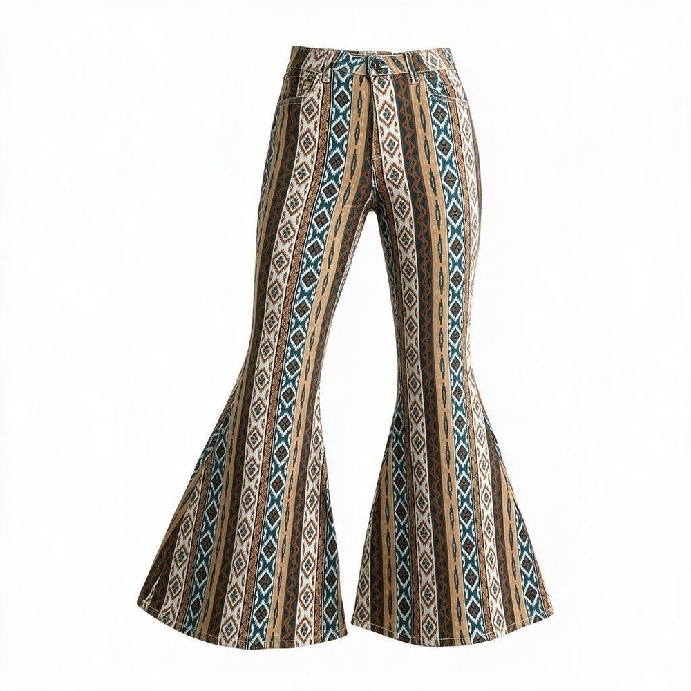 Shyanne Western Boho Tribal Print Bell Bottom Flare Jeans Brown Teal Sz 33 x 34
